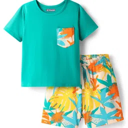 Pine Kids Single Jersey Knit Half Sleeves Shorts Night Suit With Leaf Print - Sea Green-picture-11