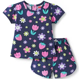 Babyhug Cotton Knit Half Sleeves Shorts Co-Ord Night Suit With Floral & Fruit Print - Navy Blue-picture-17