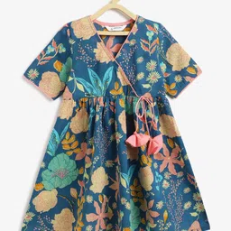 Campana 100% Cotton Woven Half Sleeves Floral Printed Kurta - Ocean Blue & Pink-picture-15