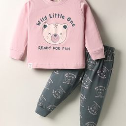 CUCUMBER Sinker Knit Full Sleeves Night Suit with Bear Print - Pink-picture-28