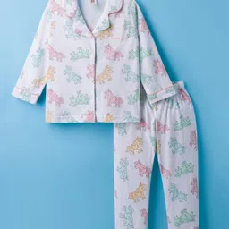 ToffyHouse Knitted Full Sleeves Co-ords Night Suit With Animal Print - White-picture-24