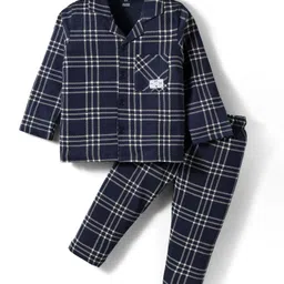 CUCUMBER Sinker Woven Full Sleeves Night Suit With Checks - Navy Blue-image-1