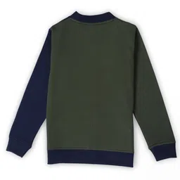 Earth Conscious Fleece Full Sleeves Colour Blocked & Depart Text Printed Zipper Jacket - Olive & Navy Blue image 3