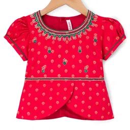 Babyhug Brocade Woven Half Sleeves Choli Lehenga Set With Floral Foil Print - Red & Green image 2