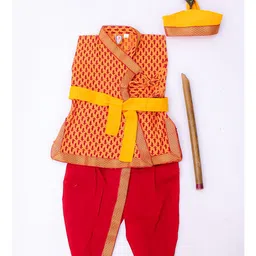 KID1 Cotton Woven Janmasthami Theme Sleeveless Krishna Costume Set With Mor Pankh & Headband - Yellow & Red image 3