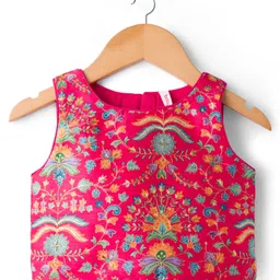 Babyhug Net Woven Sleeveless Choli Lehenga & Dupatta Set With Floral Embriodery - Fuschia image 2