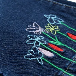 Kookie Kids  Cotton Lycra Bell Bottom Denim Jeans With Floral Embroidery Detailing - Dark Blue image 3