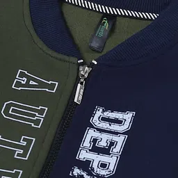 Earth Conscious Fleece Full Sleeves Colour Blocked & Depart Text Printed Zipper Jacket - Olive & Navy Blue image 4