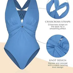 Rlanos Women Solid One-Shoulder Cut-Out Ruched Monokini Sleeveless Swimsuit image 3