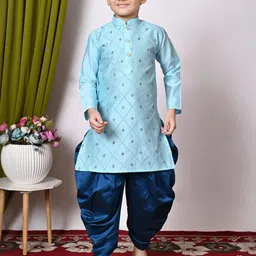 HUMAN CHOICE Boys Turquoise Blue Dupion Silk Embroidered Kurta & Patiala-image-57