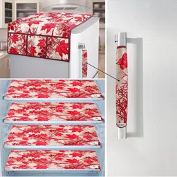 E-Retailer 6Pc Beige & Red Printed Waterproof 3-Layered Refrigerator Covers With Pockets-picture-46