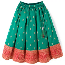 Babyhug Brocade Woven Half Sleeves Choli Lehenga Set With Floral Foil Print - Red & Green image 4