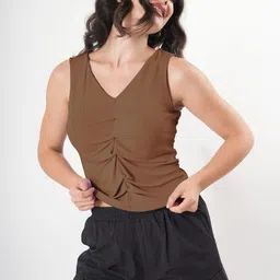 clobug Women Solid V Neck Sleeveless Pleated Semi Crop Top-image-6