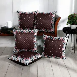 BLUEDOT Brown & Off White Set of 5 Floral Velvet Square Cushion Covers-picture-16