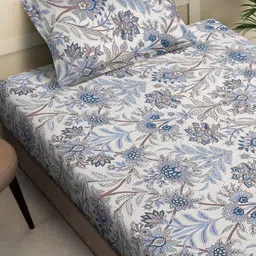 Myntra Elegant Homes Blue & White Printed 300 TC Single Bedsheet Set 2.25 mx 1.50 m image 5