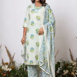 Meena Bazaar Women Floral Printed Straight Kurta with Trousers & Dupatta image 5