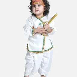 BownBee Janmashtami Theme Full Sleeves Kanhaiya Suit With Basuri & Mukut With Band - White-picture-27