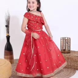 Babyhug Sleeveless Sequins Choli & Lehenga With Dupatta - Red-picture-15