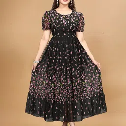 QENA Floral Print Tie-Up Neck Puff Sleeve Georgette Maxi Midi Dress-picture-19