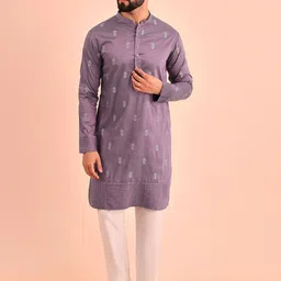 Inddus Men Ethnic Motifs Embroidered Pleated Thread Work Kurta with Trousers-image-55