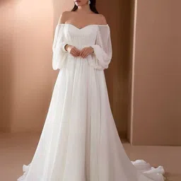 StyleCast Women Off-Shoulder Smocked Puff Sleeves Western Bridal Maxi Gown Dress-picture-14