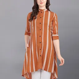 Murcia Women Striped Mandarin Collar Crepe High-Low Longline Top-image-19