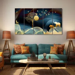 The Castle Decor Blue & Yellow 5 Pieces Elephant Wooden Wall Arts-image-46