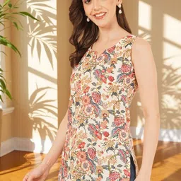 Diktmark Floral Printed Round Neck Pure Cotton Jaipuri Short Straight Kurti-image-6