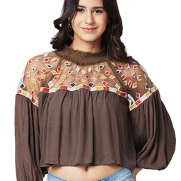 IZEL Embroidered Puff Sleeve Net Crop Top-picture-31