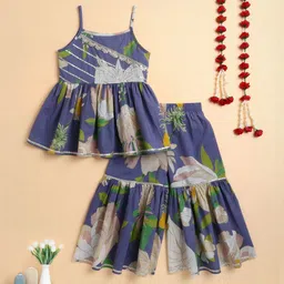 The Magic Wand Girls Floral Printed Empire Gotta Patti Pure Cotton Top with Sharara image 1