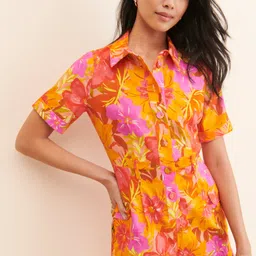 TANDUL Floral Print Short Sleeves Shirt Collar Dress-image-71