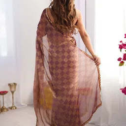 Moksha Trends Checked Woven Design Beads and Stones Pure Chiffon Banarasi Saree image 5
