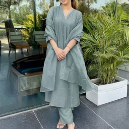 Janasya Women Ethnic Motifs Embroidered Regular Kurta with Trousers & With Dupatta-image-81