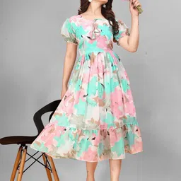 GROMint Women Floral Printed Gathered Puff Sleeve Georgette Fit & Flare Midi Dress image 5