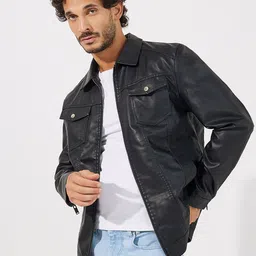 Styli Men Faux Leather Collared Utility Zip Up Jacket image 4
