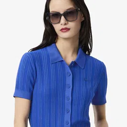Lacoste Women Self Design Shirt Collar Sweaters-image-13