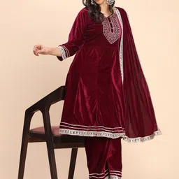 Moda Rapido Women Embroidered Regular Velvet Kurta with Trousers & With Dupatta image 3