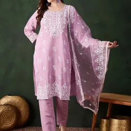 HERE&NOWFloral Embroidered Straight Thread Work Kurta With Salwar And Dupatta-image-23