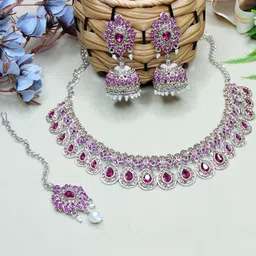 VATSALYA creation Alloy Silver Pink Jewellery Set image 3