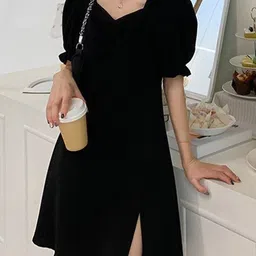 Outzidr Women A-Line Puff Sleeve Slit Above Knee Dress image 2