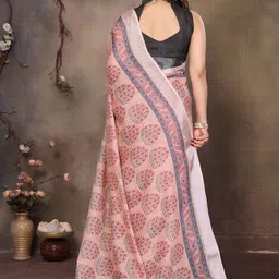 WOVENSTOCK Floral Zari Pure Linen Handloom Block Print Saree image 4