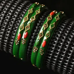 1ST TIME Set Of 6 Green Alloy Artificial Stones & Beads Antique Bangles image 2