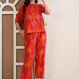 SUNEKH Floral Printed Mandarin Collar Neck Sleeves Cotton Top & Trouser image 3