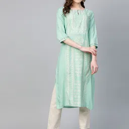 W Women Turquoise Blue & Golden Printed Straight Kurta-picture-21