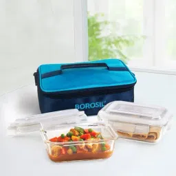 Borosil Blue Glass Leak Proof Lunch Box with Bag - Set of 4 (370 ml)-image-35