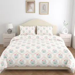 Haus & Kinder White & Orange Cotton 186 TC Double Size Flat Bedsheet with 2 Pillow Covers image 2