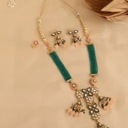 Zaveri Pearls Green Peach Meenakari Multistrand Crystals Long Necklace Earring & Ring Set-ZPFK17142-picture-14