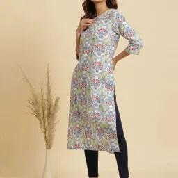 W Blue Printed Straight Kurta image 2