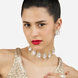 Zaveri Pearls Gold Tone Teardrop Shape Austrian Diamonds Necklace Earring & Ring Set-ZPFK17167-picture-45