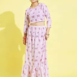 VASTRAMAY Kids Pink Linen Floral Full Sleeves Lehenga Cholis-image-46